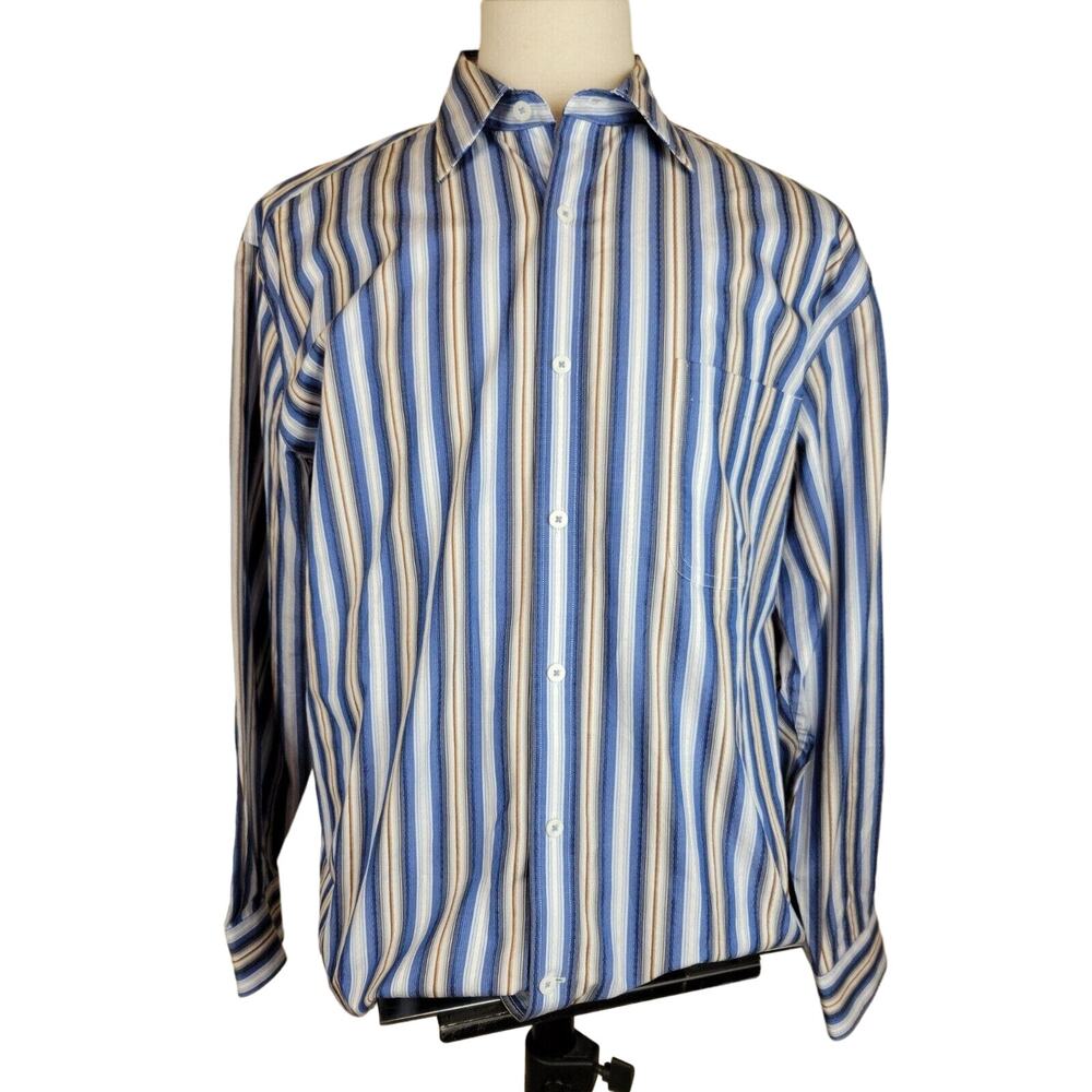 Nat Nast Button Front Shirt Striped Long Sleeve Vertical Stripe Blue Brown Large
